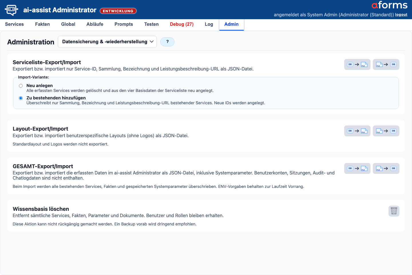 Admin-Maske Datensicherung mit Backup-Erstellung, Restore, Upload und Wissensbasis-Aktionen