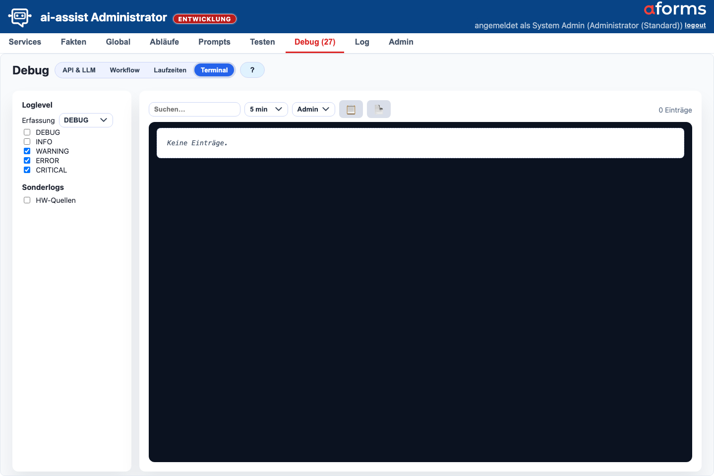 Debug-Maske in der Terminal-Ansicht mit Loglevel, Quelle, Zeitraum, Suchfeld und Logausgabe