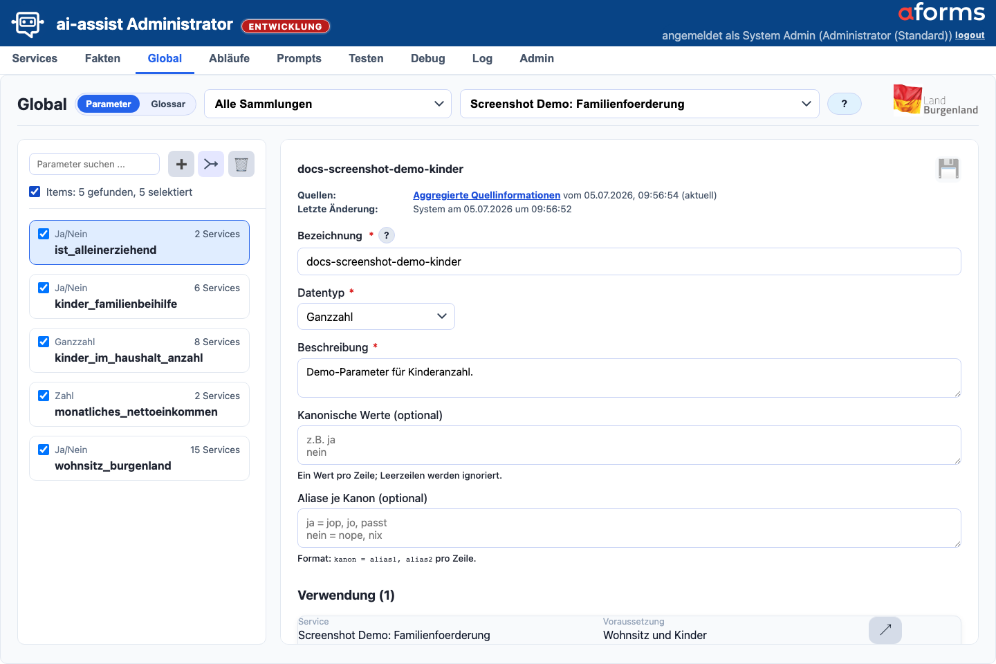 Global-Maske in der Parameteransicht mit Parameterliste, Mehrfachauswahl, Verwendungen und Detailformular