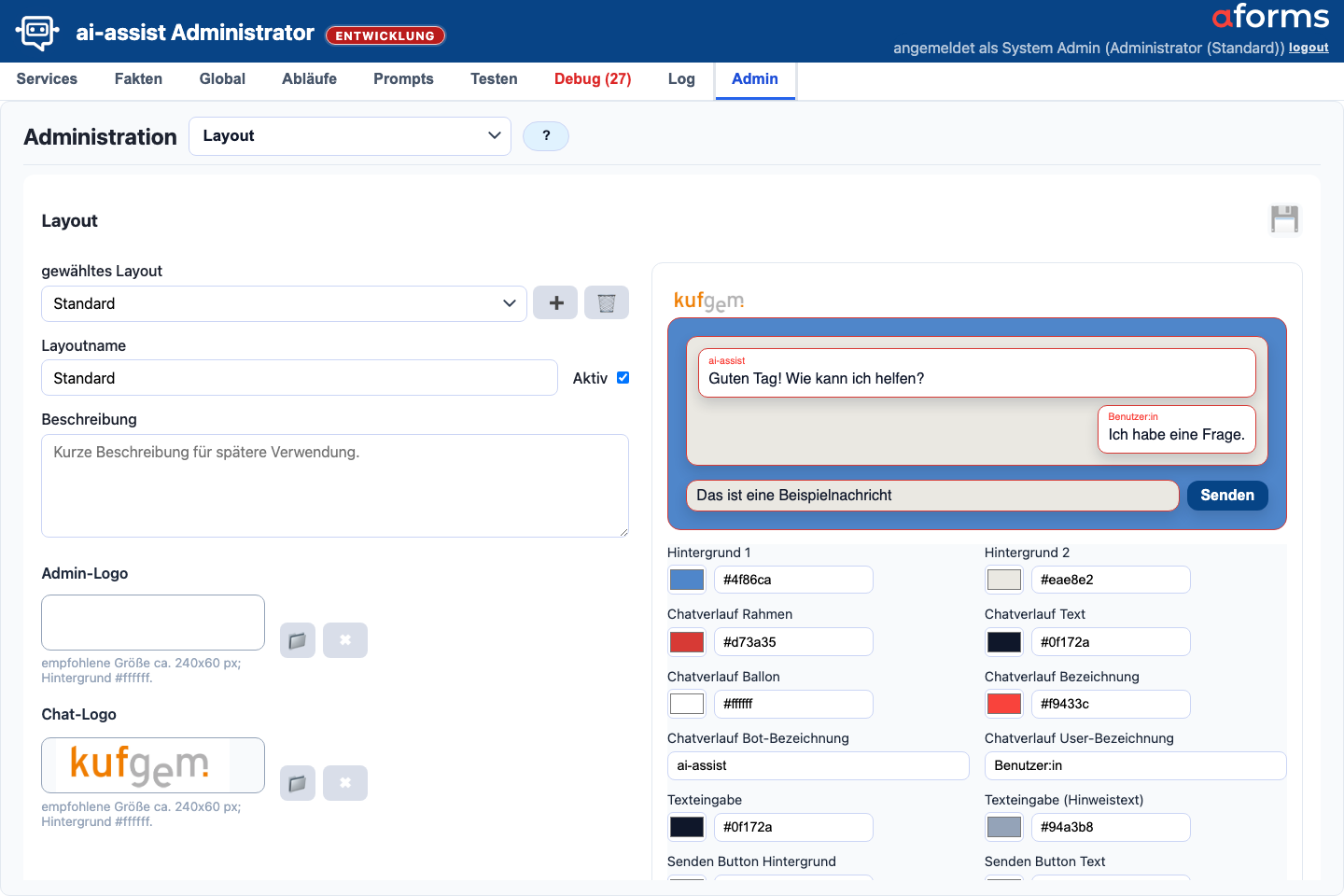 Admin-Maske Layout mit Branding-Feldern, Farbwerten und Vorschau