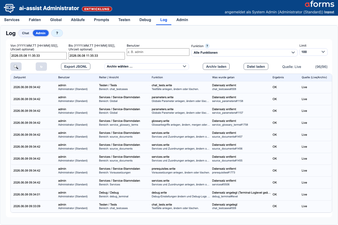 Log-Maske in der Admin-Audit-Ansicht mit Auditfiltern, Ereignisliste und Detaildaten
