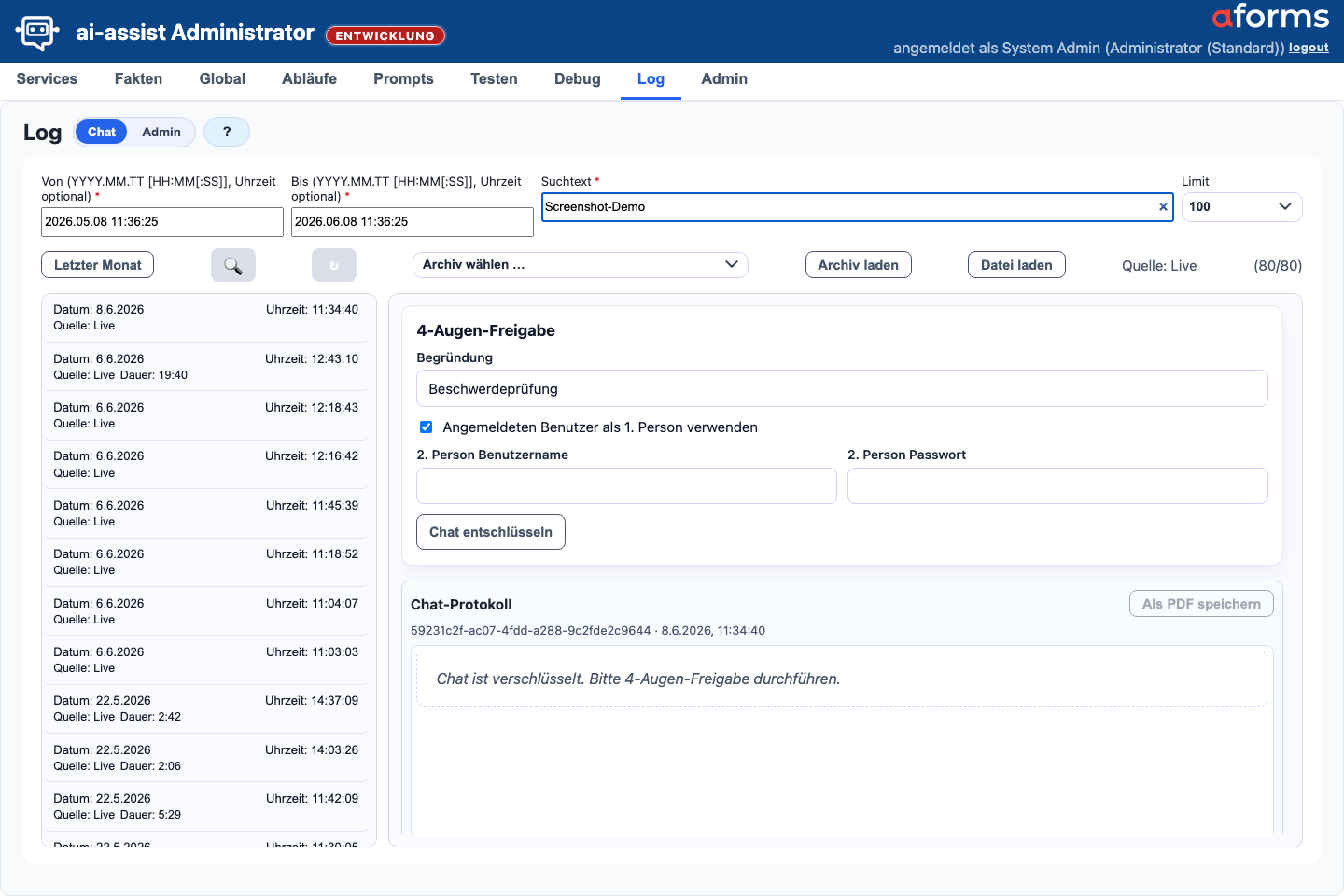 Log-Maske in der Chatlog-Ansicht mit Suche, Trefferliste, Vier-Augen-Freigabe und Exportaktionen