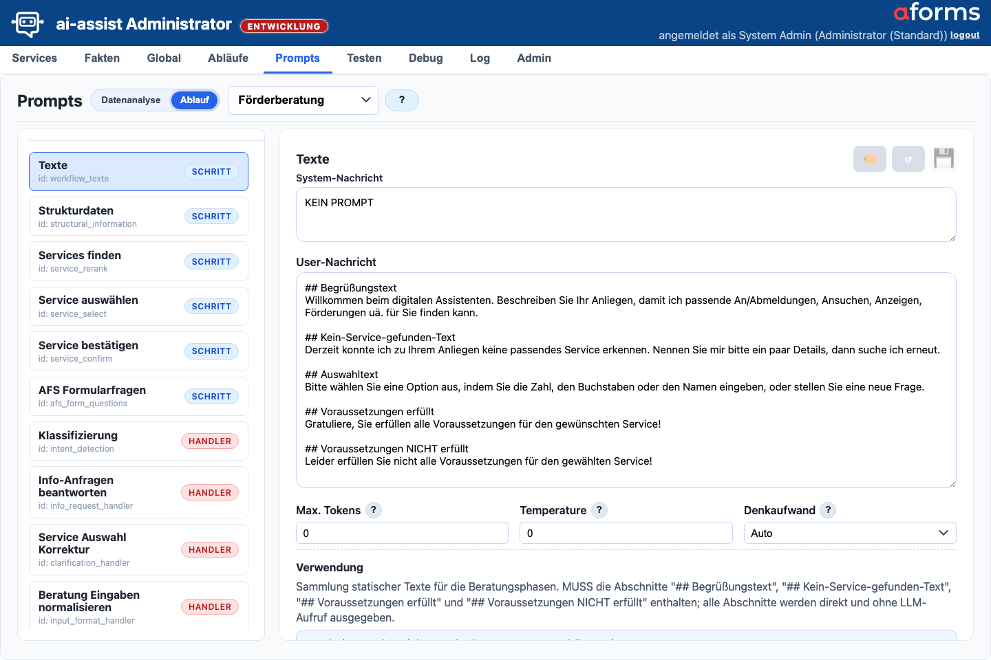 Prompts-Maske in der Sicht Ablauf mit Ablaufprompt, Laufzeitparametern und Editor