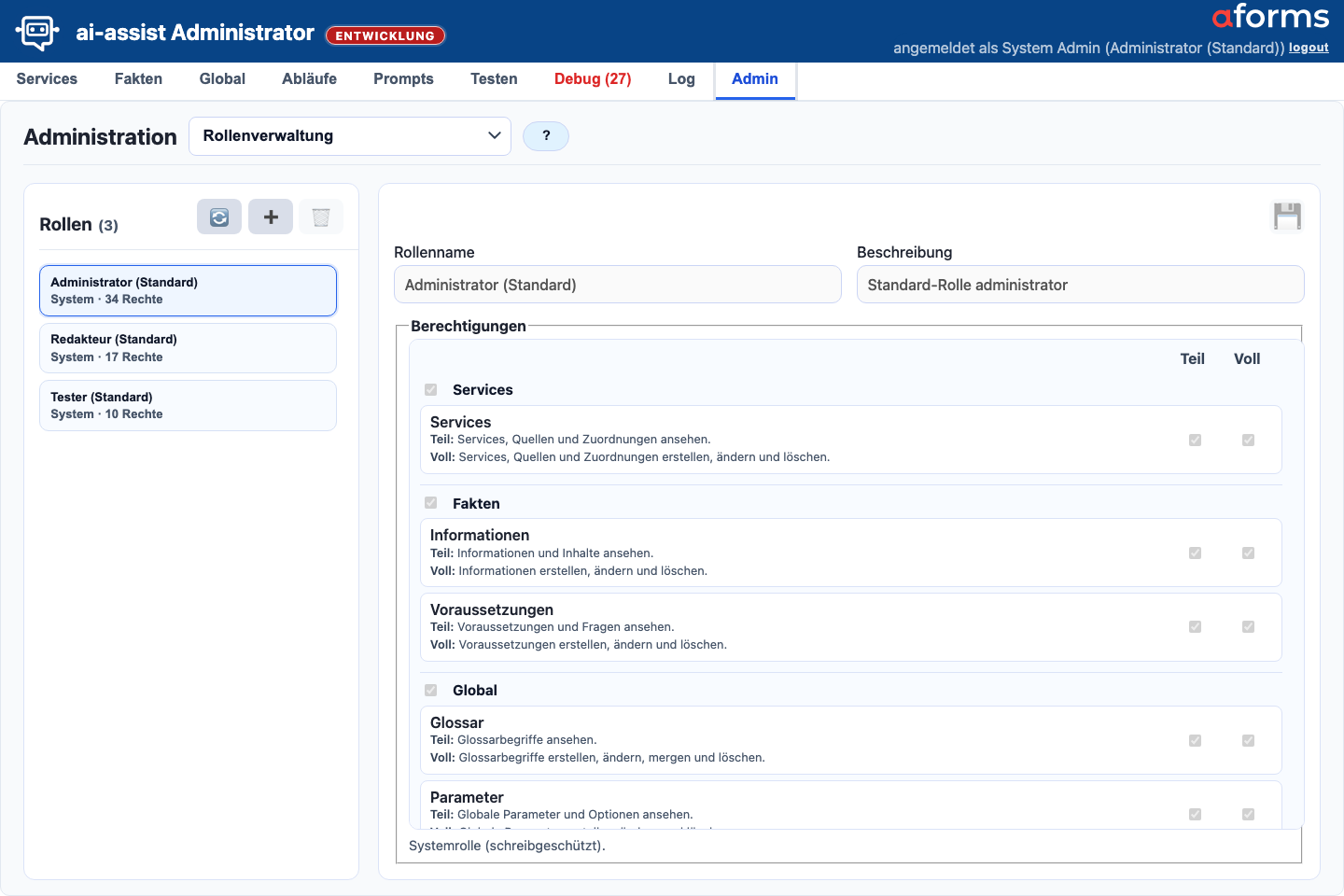 Admin-Maske Rollen mit Rollenliste und Rechte-Matrix