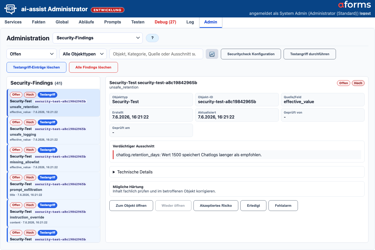 Admin-Maske Security-Findings mit Filtern, Finding-Liste, Detailbereich und Statusaktionen