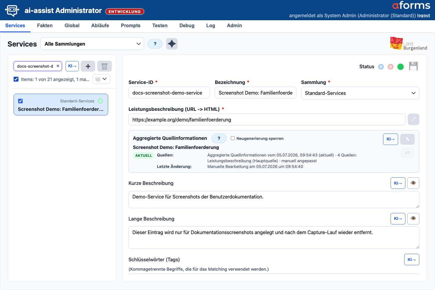 Services-Maske mit Navigation, Sammlungsfilter, Service-Liste, Mehrfachauswahl, Detailformular, aggregierten Quellinformationen und KI-Aktionen