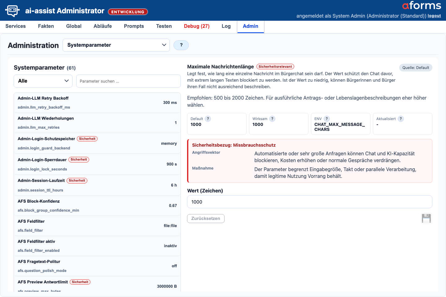 Admin-Maske Systemparameter mit Kategorien, effektiven Werten, Umgebungshinweisen und Speicheraktionen