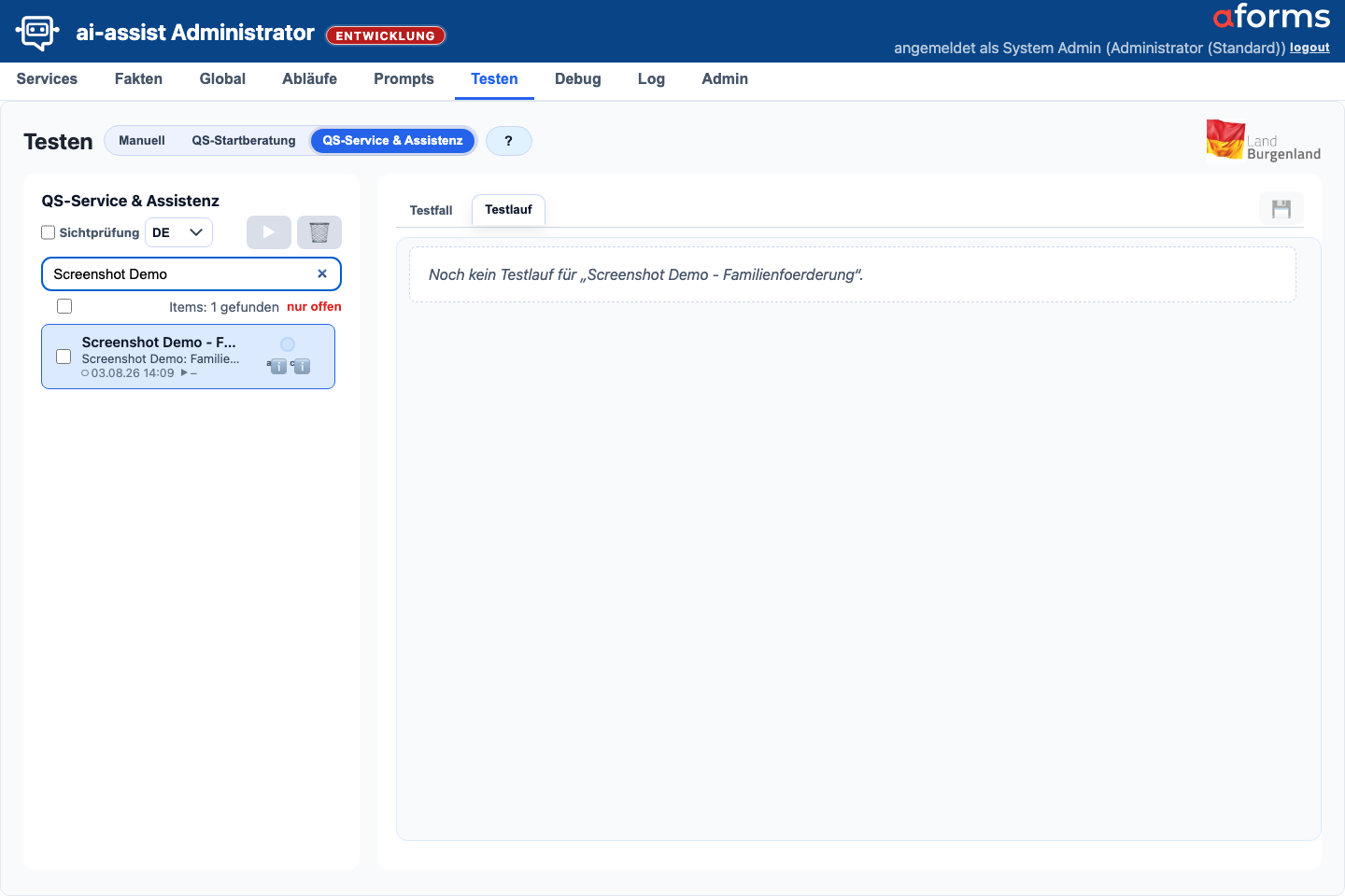 Testen-Maske in der Sicht QS-Service und Assistenz mit Testfallliste, Suche und Ausführungsbereich