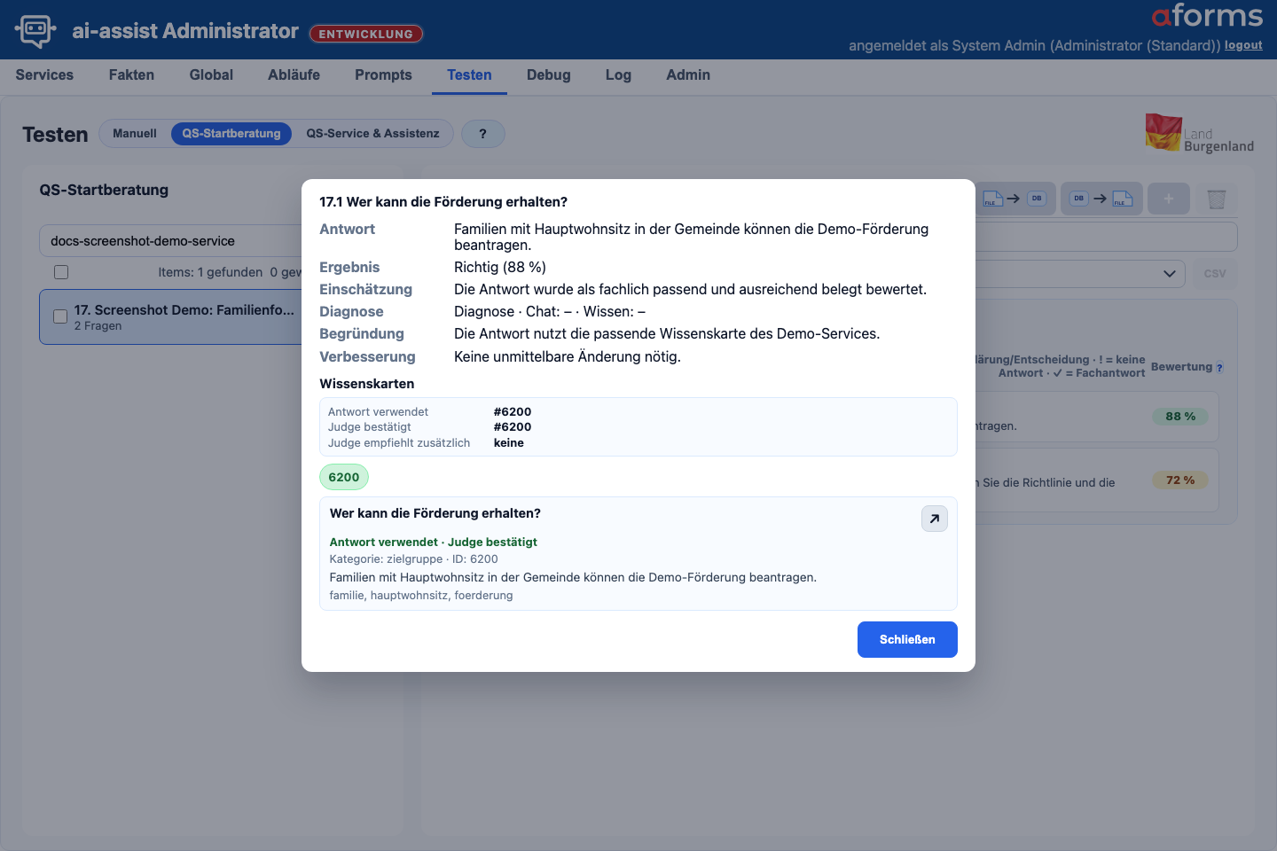 Details zur QS-Bewertung mit Antwort, Ergebnis, Diagnosehinweisen und verwendeter Wissenskarte
