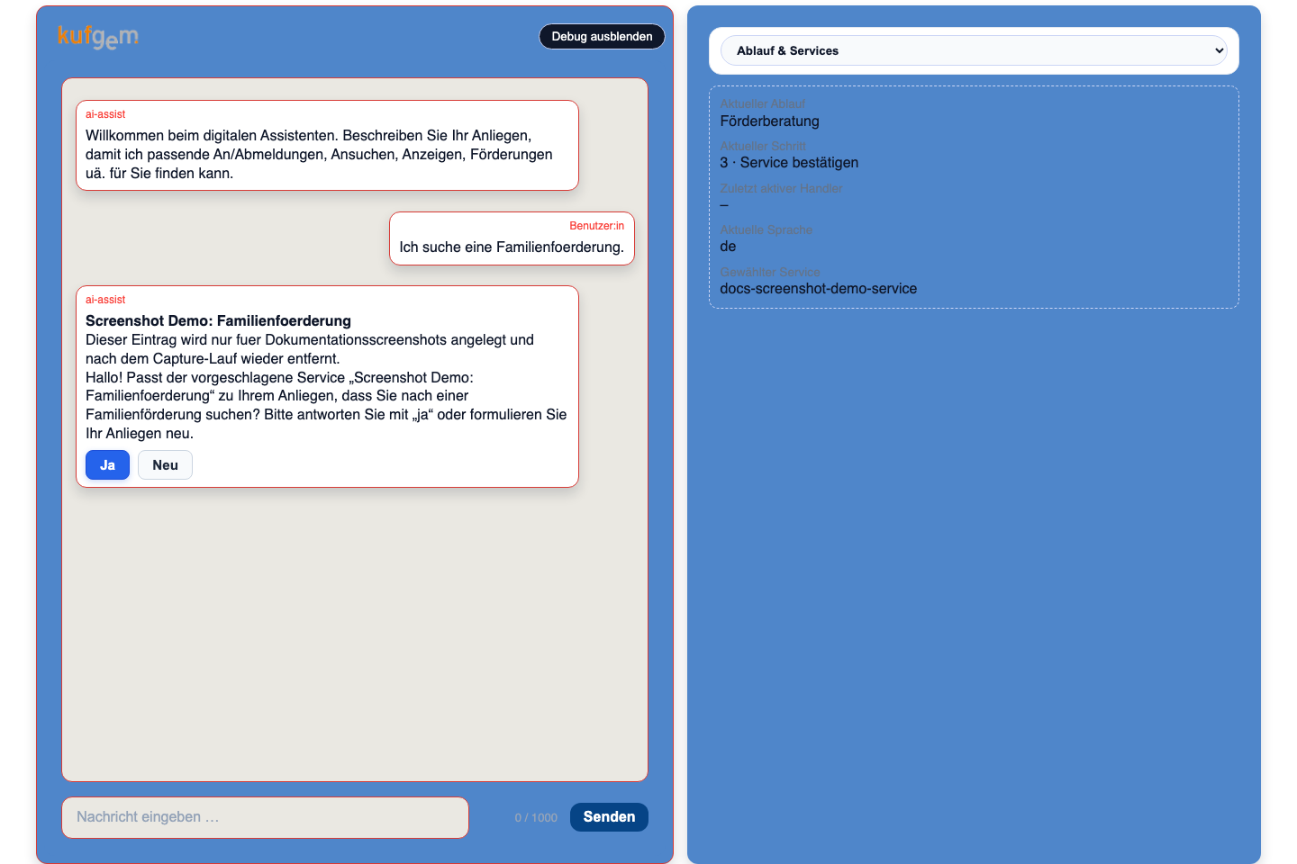 Bürgerchat mit eingeblendeter Debugspalte, aktuellem Ablauf, Schritt, Sprache und ausgewähltem Service