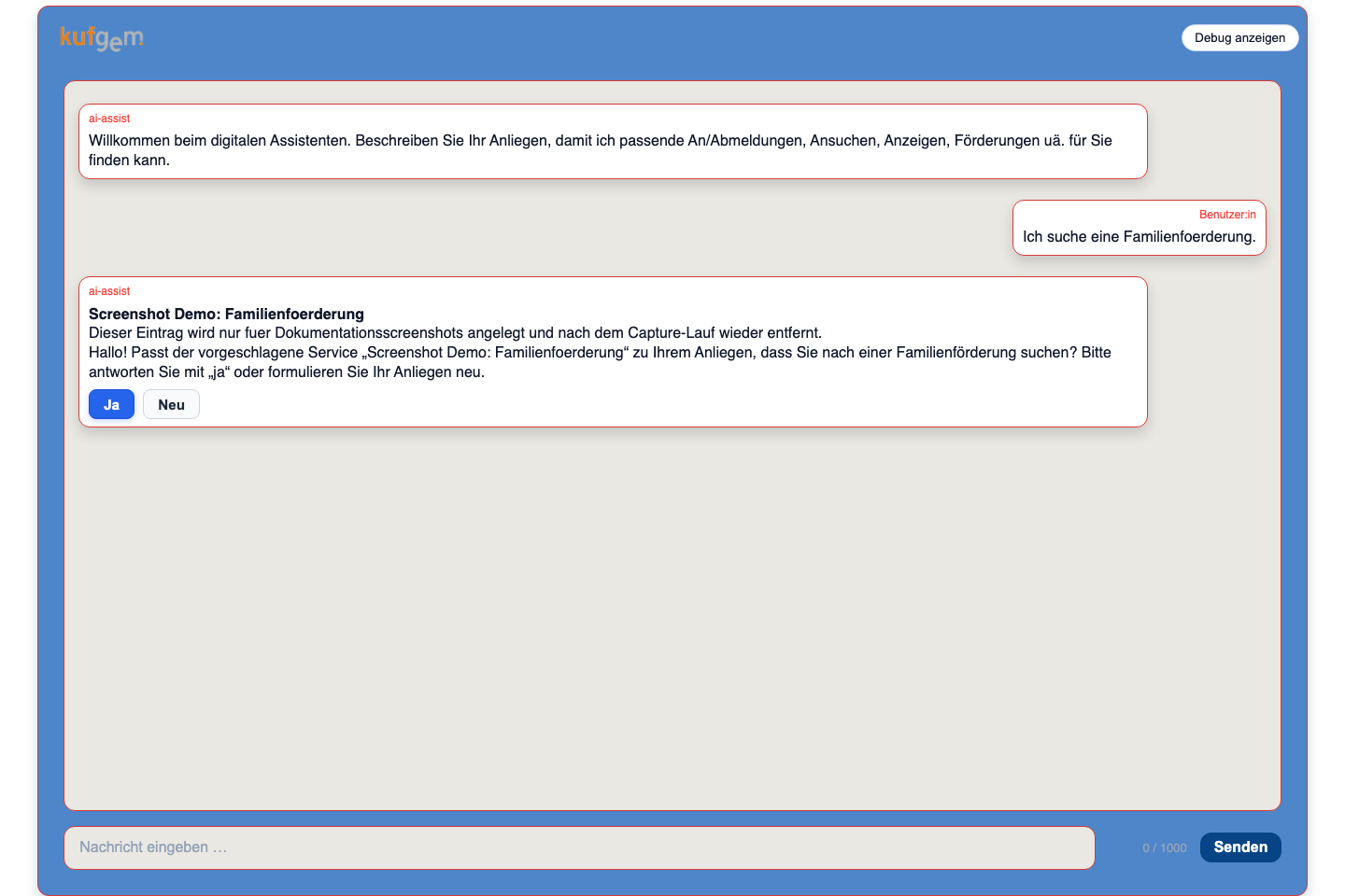 Bürgerchat mit laufendem Dialog, Benutzerfrage, vorgeschlagenem Service und Ja-Neu-Auswahl