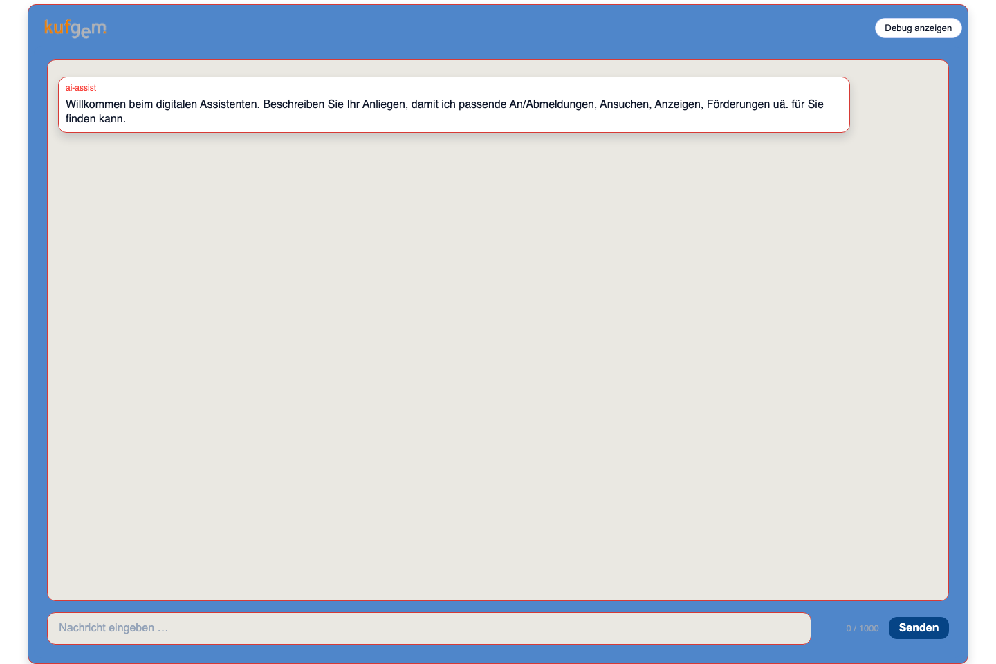 Bürgerchat nach Sitzungsstart mit Logo, Begrüssungsnachricht, Eingabefeld, Senden und Debug-Schaltfläche