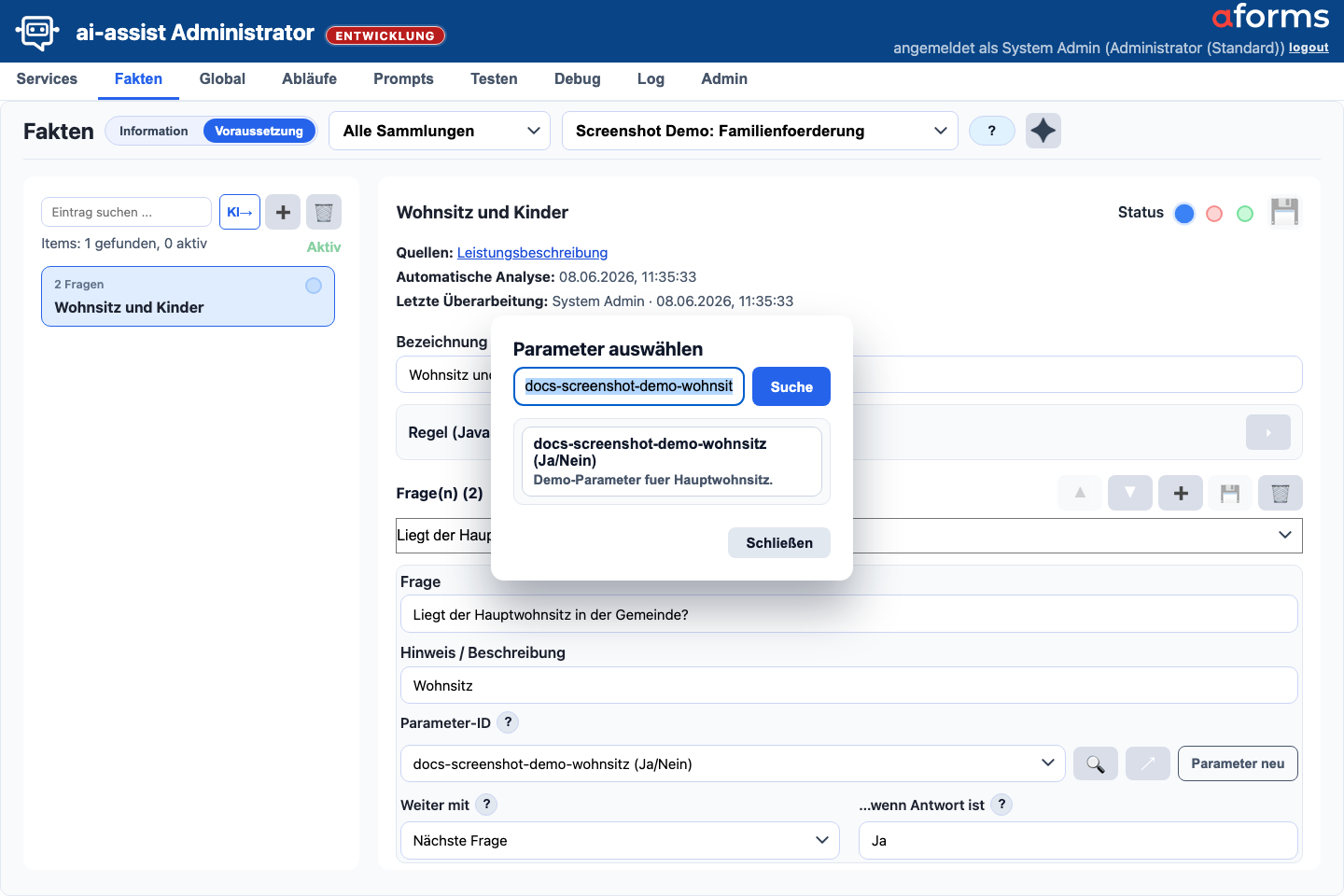 Parameter-Suchoverlay in der Voraussetzungen-Maske mit Suche, Trefferliste und Zuordnungsaktionen